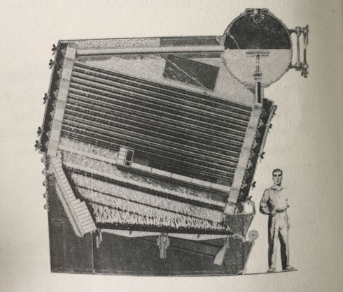 Pencil drawing of man beside 1899 Babcock Wilcox Alert marine boiler